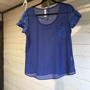 Warehouse One | Blue Sheer Blouse w Lace